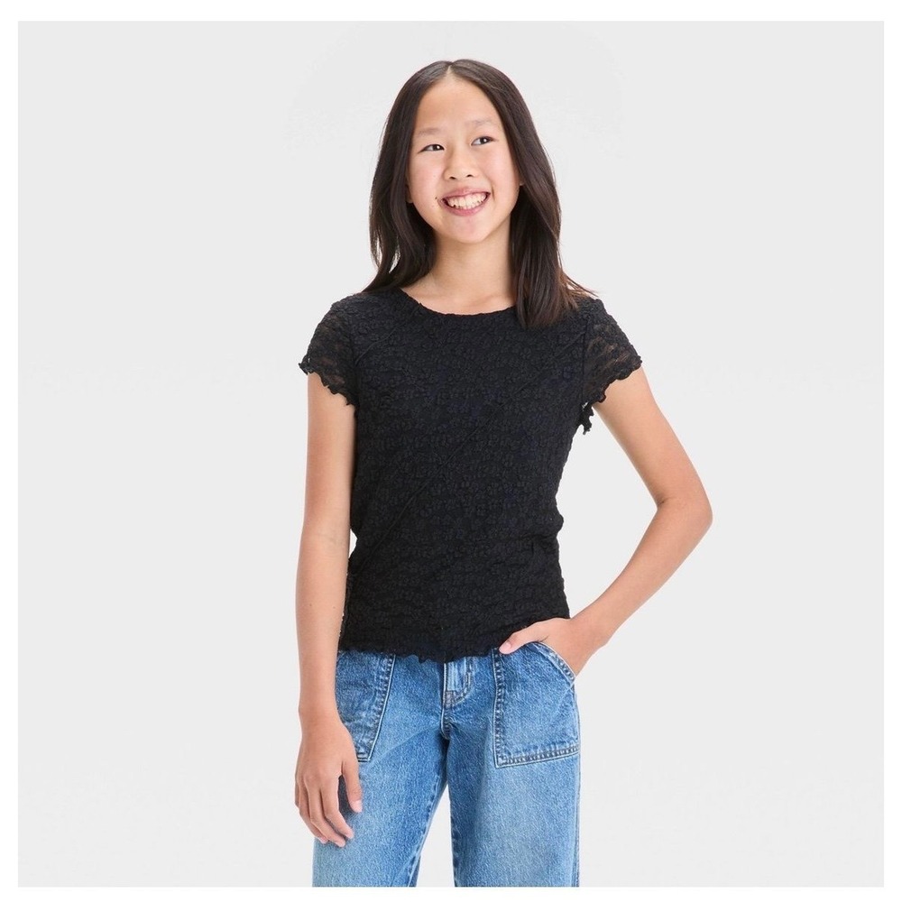 Art Class Lace Top Girls Size L 10/12 Black NWT Short Sleeve Floral Crew Neck